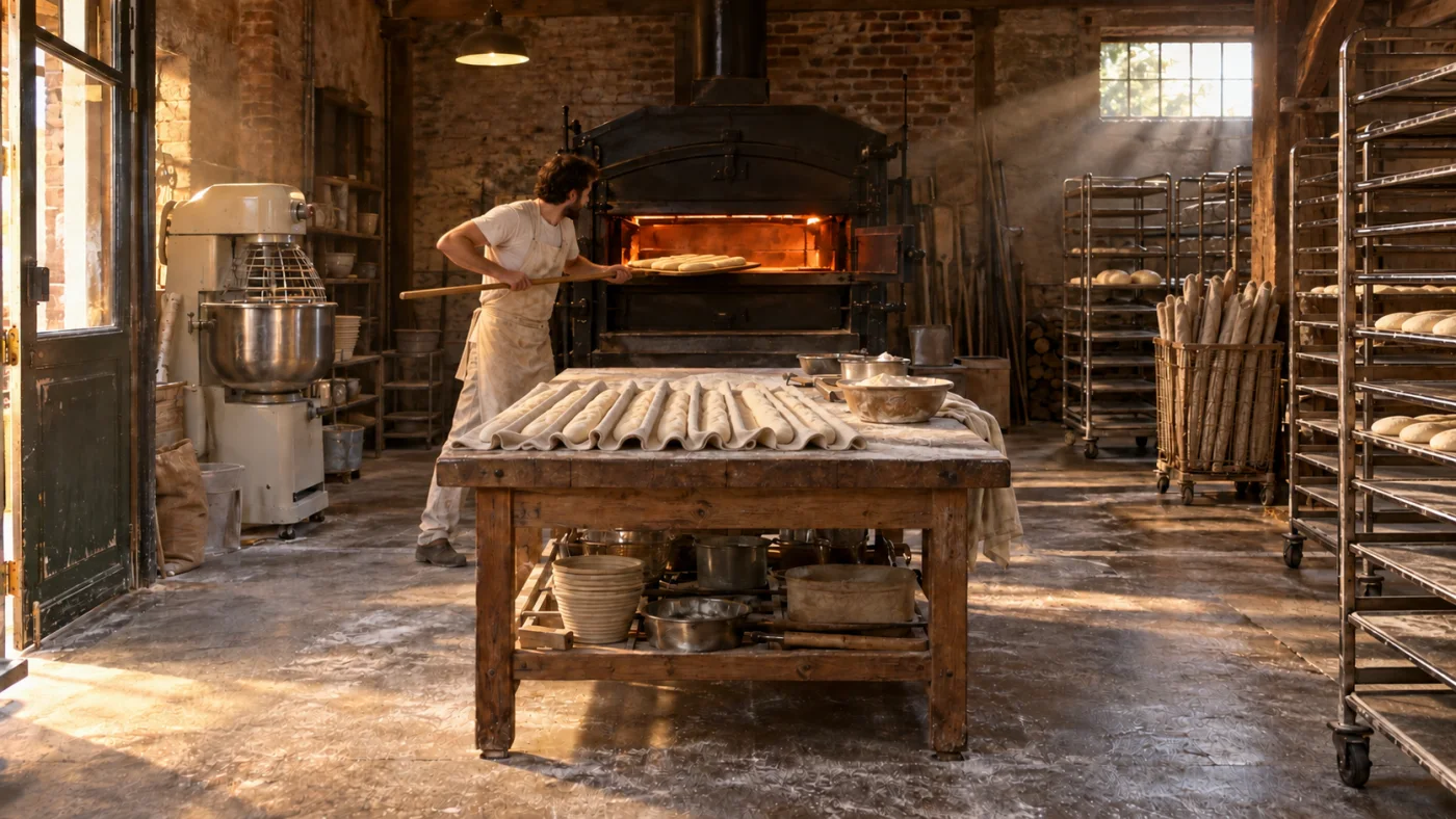 Deux boulangers façonnent des baguettes