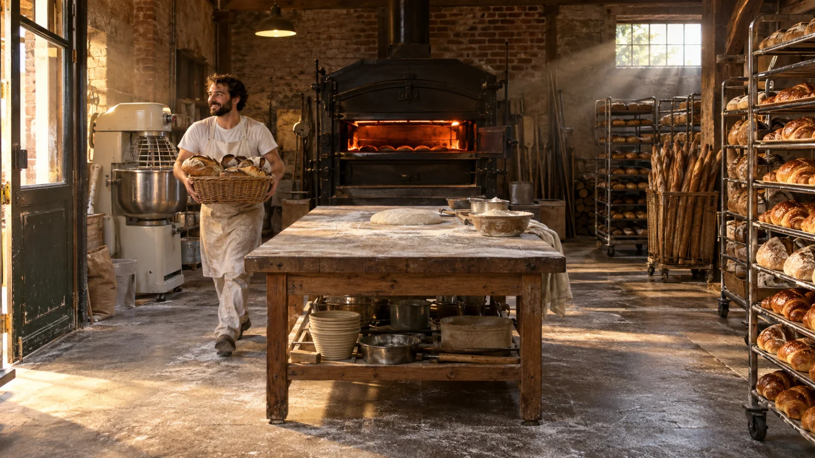 Le boulanger porte une panière de pains