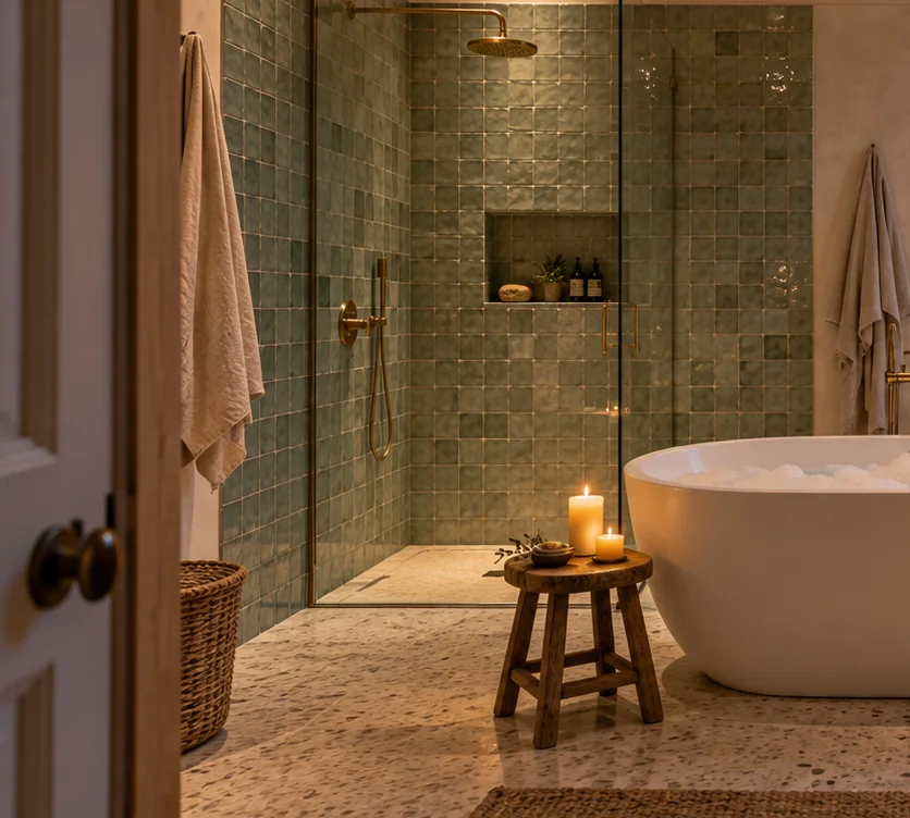Une douche à l'italienne vitrée en zellige