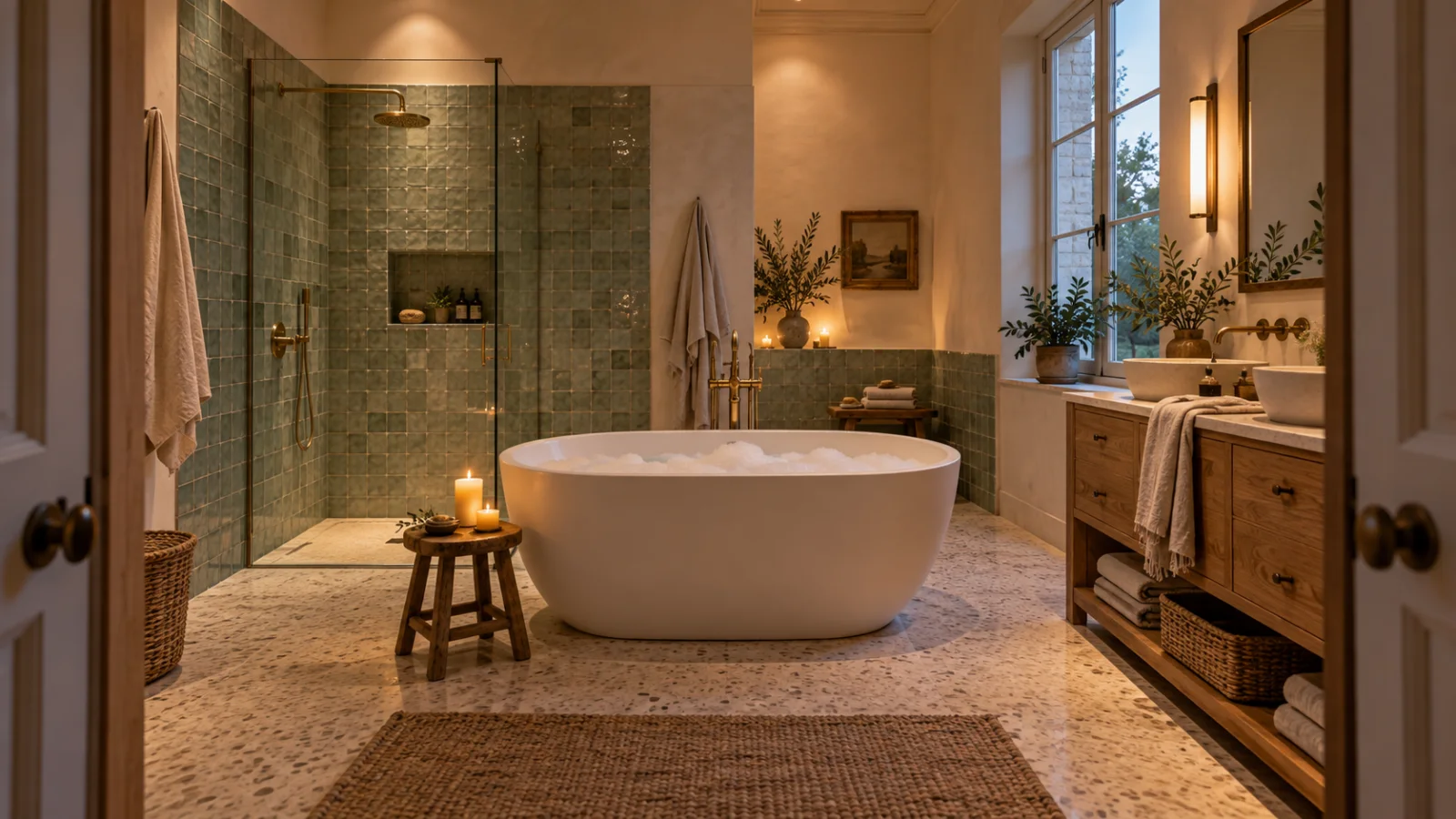 Une salle de bain en zellige avec baignoire îlot