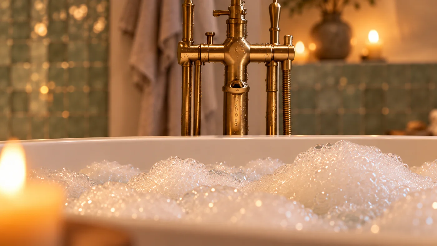 La mousse d'un bain et un robinet en laiton