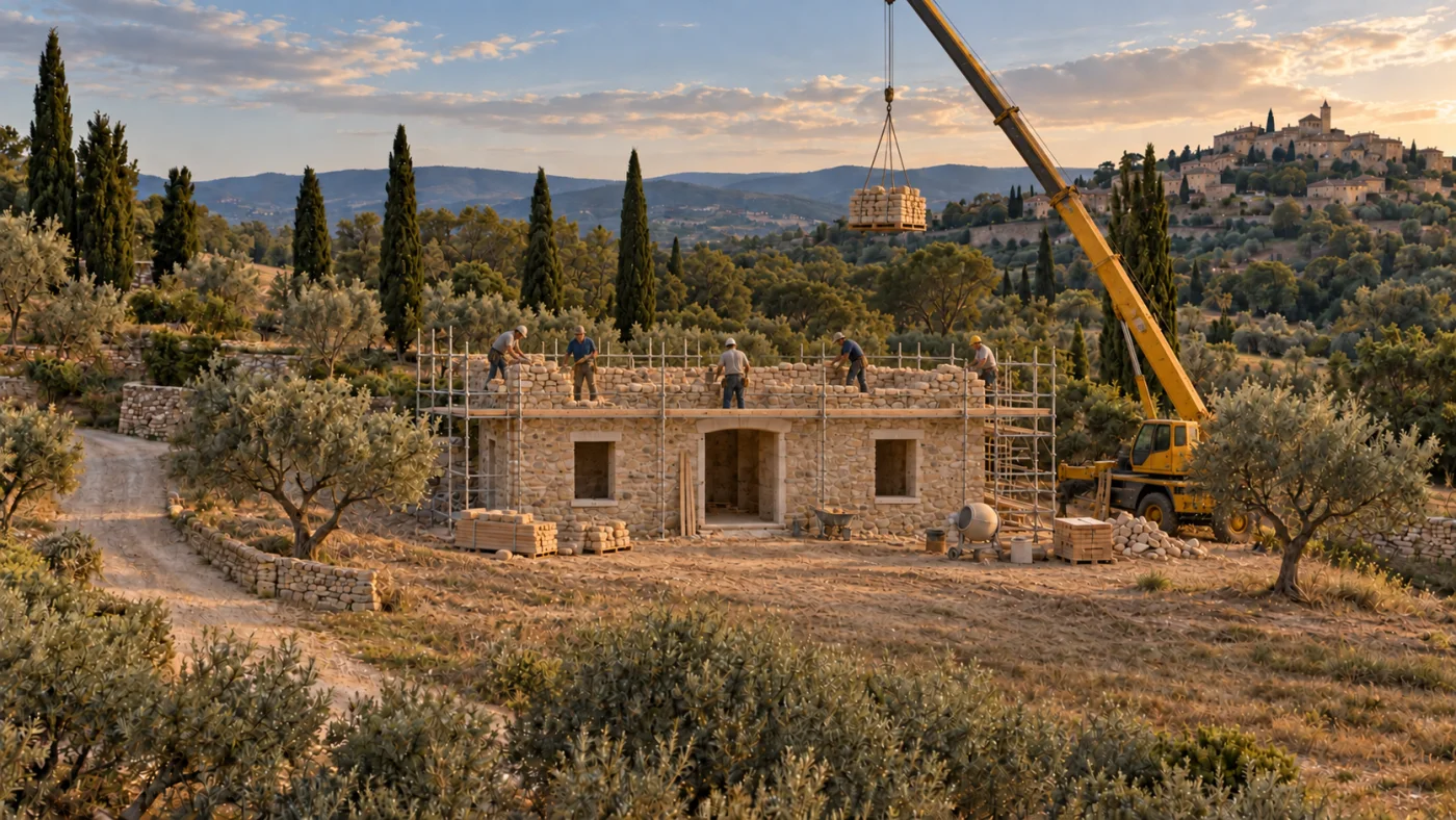 Un chantier de maison en pierre avec une grue