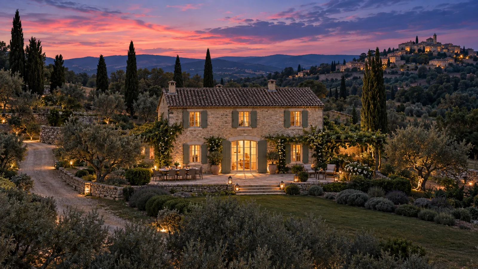Une maison neuve en pierre au crépuscule