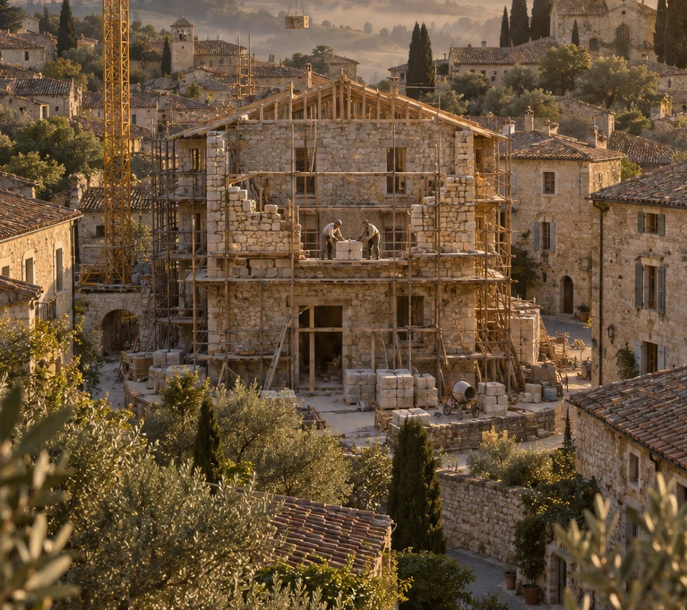 Un chantier au pied d'un village perché
