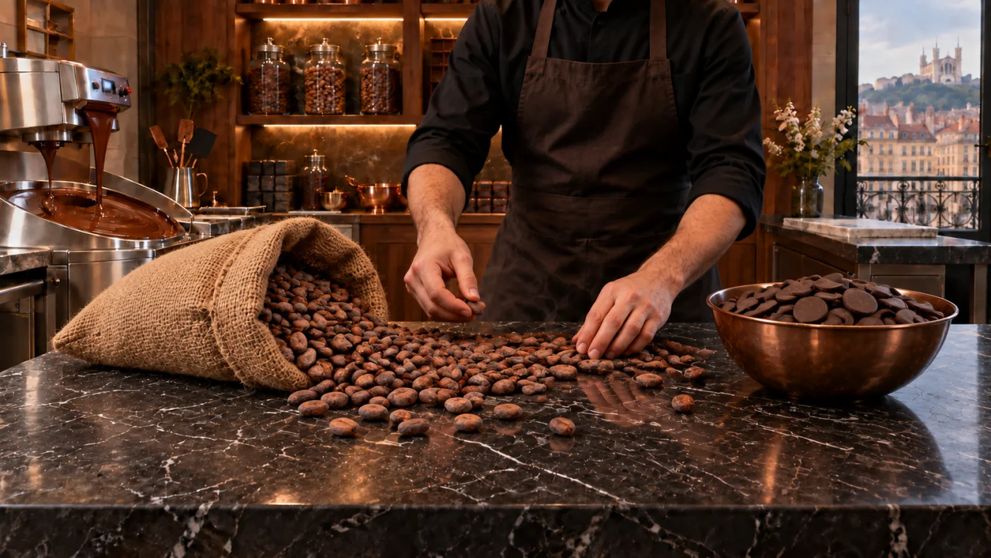 Des fèves de cacao sur le marbre