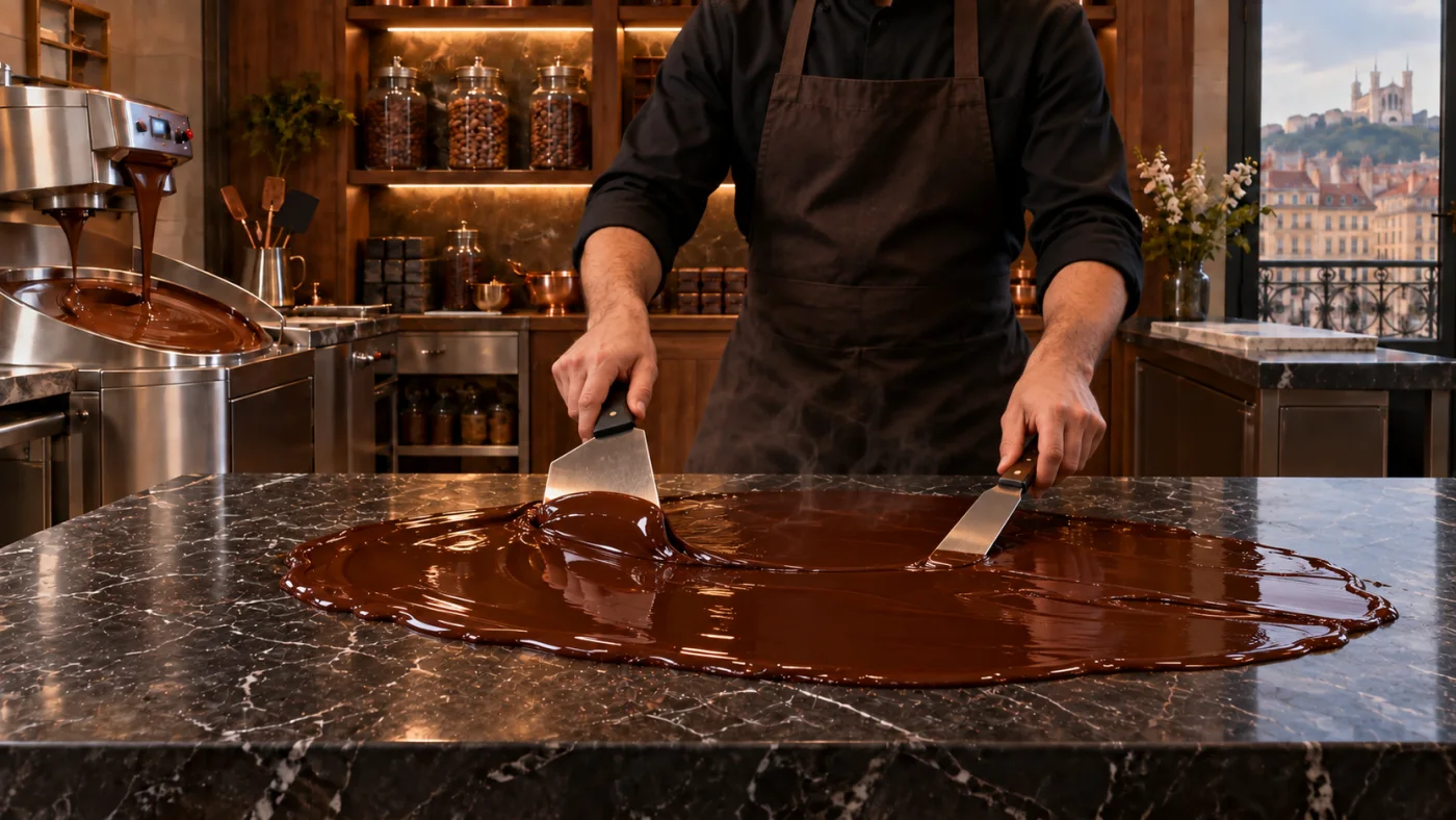 Le tablage du chocolat sur le marbre