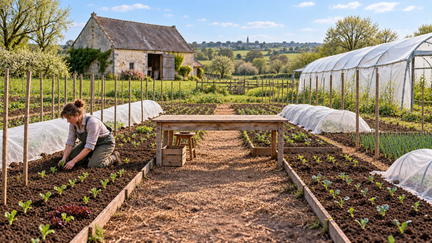 Un maraîcher repique des plants