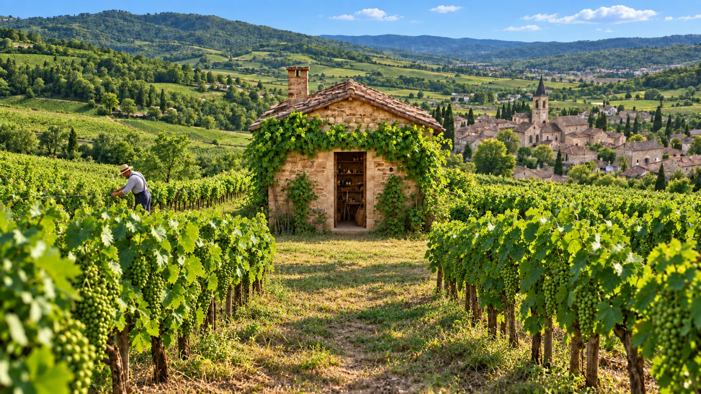 Un vigneron palisse la vigne en été