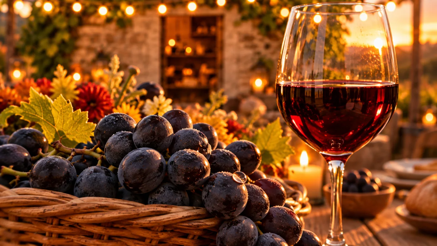 Une grappe de gamay et un verre de vin